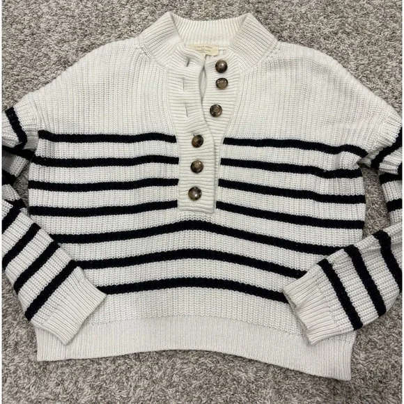 Sezane Ivory and Black Striped Button Henley Sweater - Picture 4 of 16